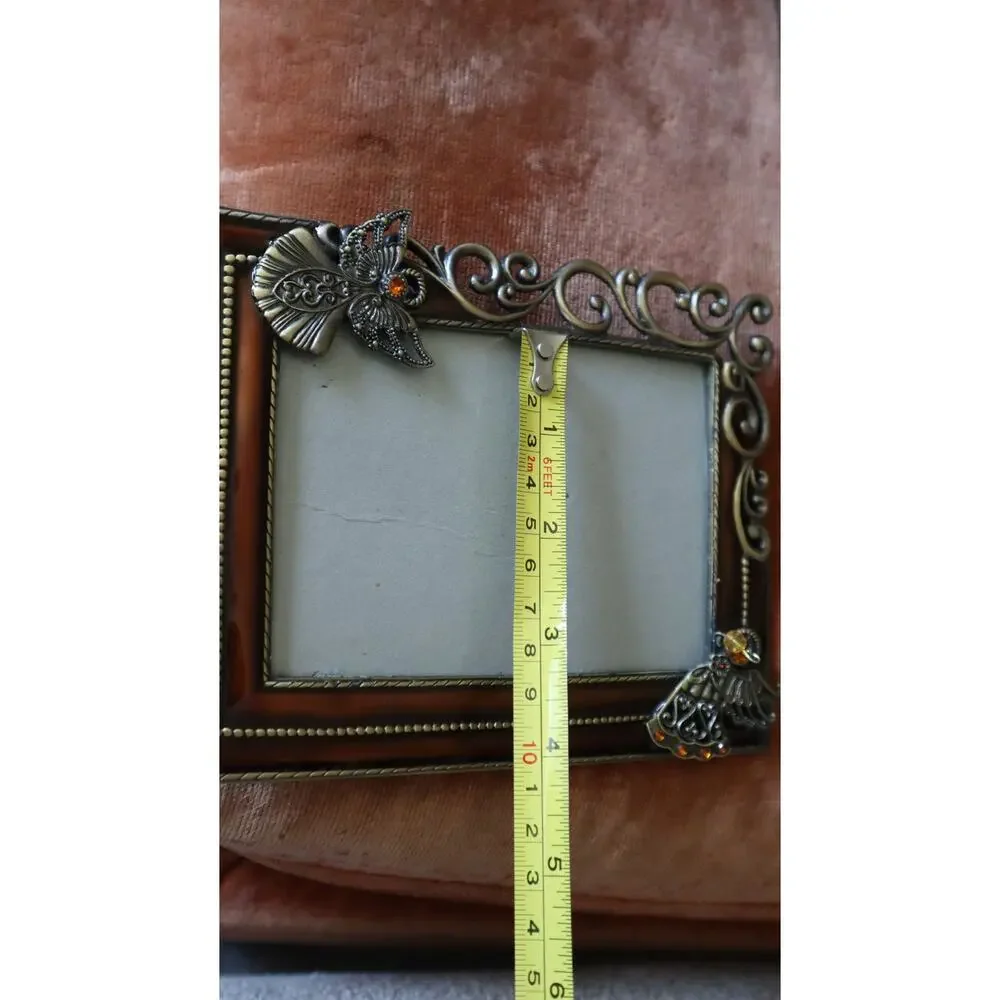 Vintage 90s Y2K Silver Pewter Angel Picture Frame Photo Ornate Brown Enamel 3x5